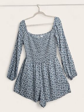 Hollister Blue Ditsy Floral Smocked Long-Sleeve Romper Size Large
